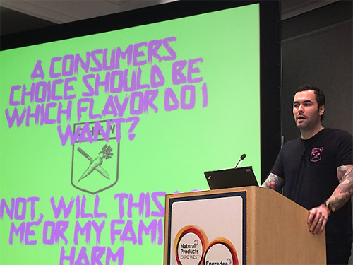 The event featured panel discussions and a variety of speakers including Adam Melonas, the chef and founder of Chew. Here he is talking about his organization and his vision for the future of the food industry.
