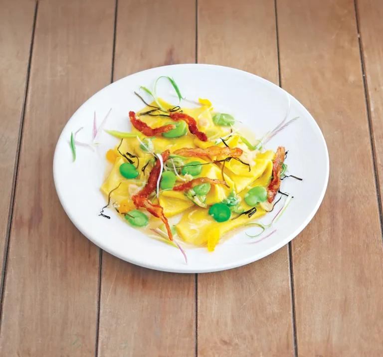 House Maltagliati with Fava Beans, Cured Egg Yolk, Local Kombu, Smoked Guanciale and Spring Onion Soubise