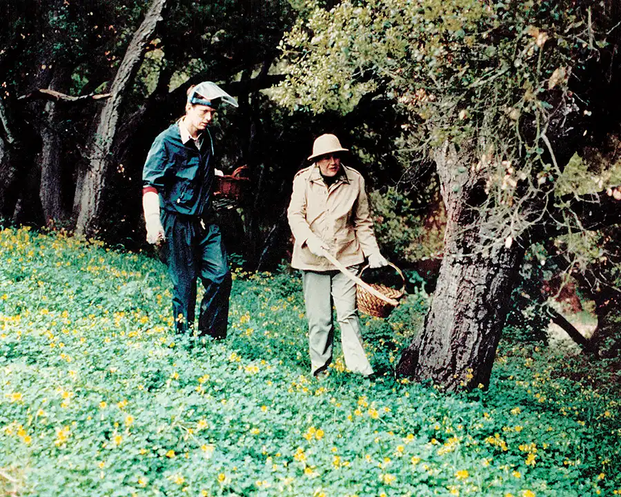Local chef Michael Hutchings with Julia Child hunting for mushrooms