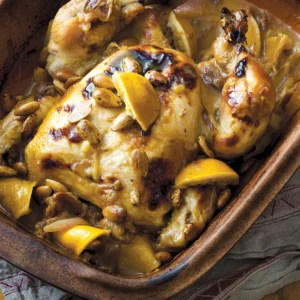 Whole Roasted Chicken in Clay Pot with Almonds, Dates and Lemons