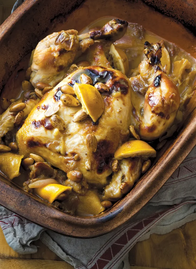 Whole Roasted Chicken in Clay Pot with Almonds, Dates and Lemons