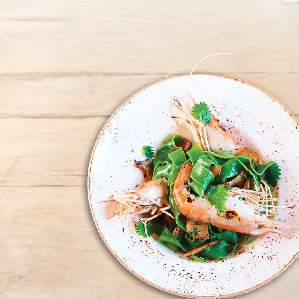 Local Nettle Pasta with Mushrooms and Spot Prawns