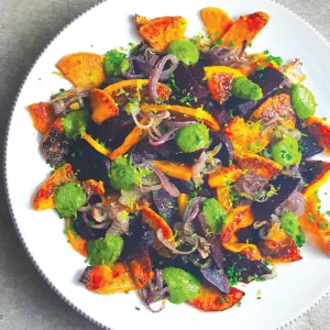 Roasted Beets, Butternut Squash and Red Onions with Zesty Parsley Pesto