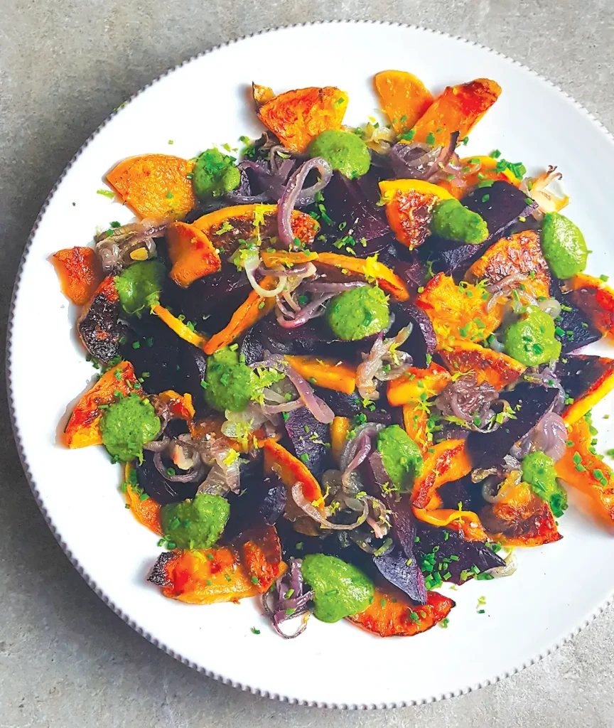 Roasted Beets, Butternut Squash and Red Onions with Zesty Parsley Pesto