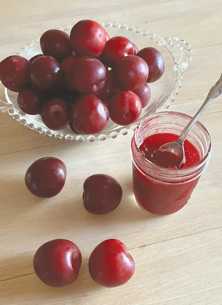 Plumbs in a bowl and on a table alongside a jar of spiced plum jam