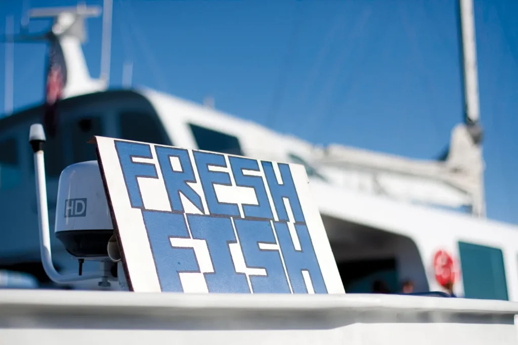 Sign at the harbor reading "Fresh Fish"