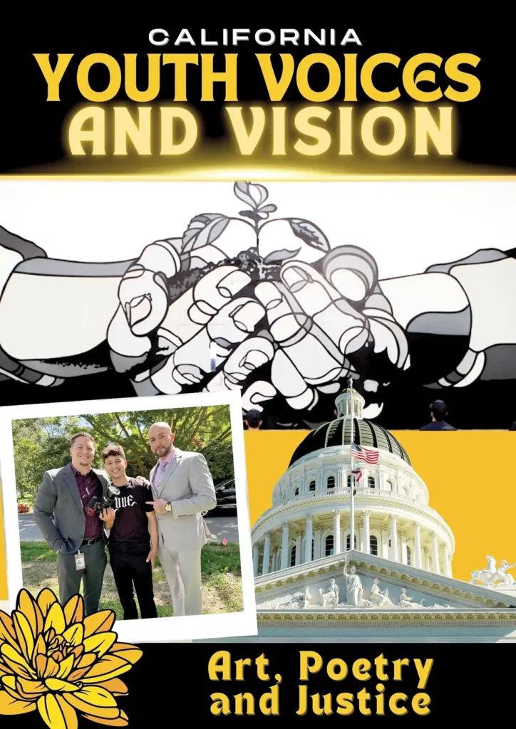 Magazine cover hand illustration by David Flores. In photo right to left: Frank Silva, Sammy Chavoya and Jarad Nava in front of the state capitol.