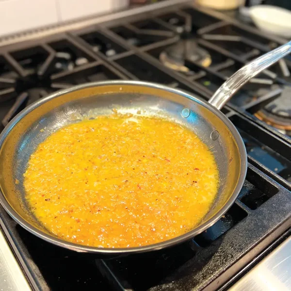 Chardonnay shallot sauce simmering in a sauté pan.