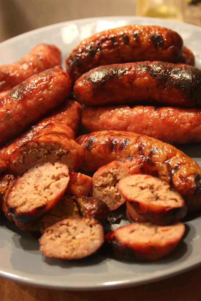 Cooked and sliced sausages on a plate.