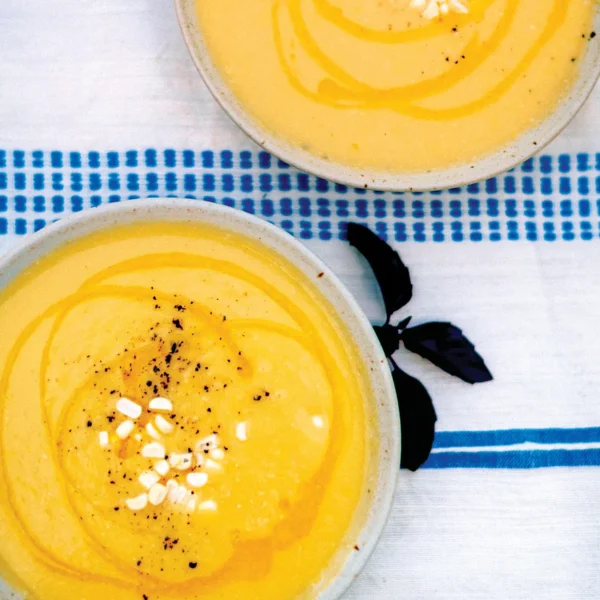 Bowls of fresh summer corn bisque