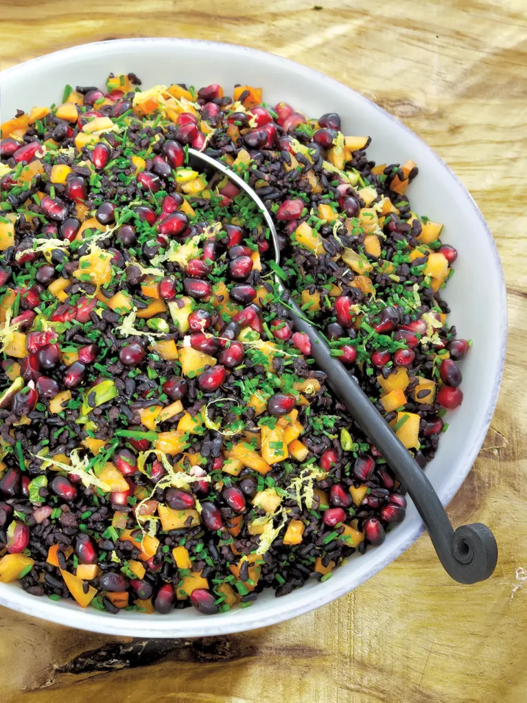 A bowl of Pomegranate and Persimmon Forbidden Rice.