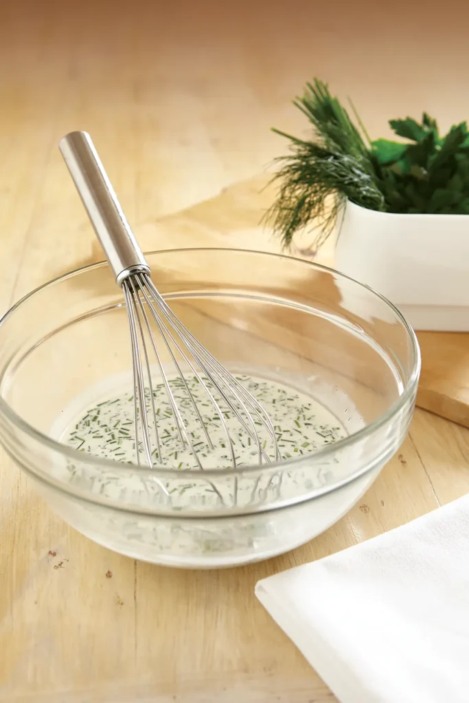 A bowl of Santa Barbara Ranch Dressing with a whisk in it.