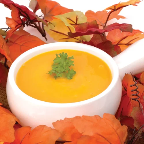 A white bowl of roasted butternut squash soup set upon a pile of autumn leaves.