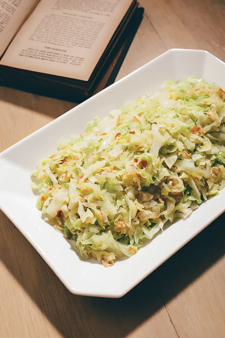 A plate of silky sauteed cabbage on a white plate.