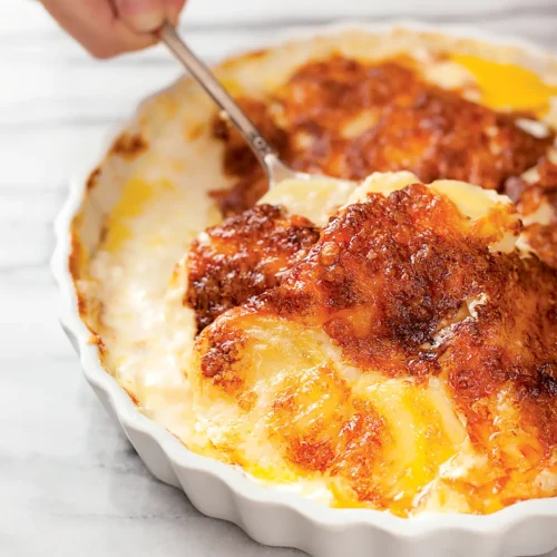 A hand with a spoon, scooping Gratin Dauphinois from a white scalloped baking dish.