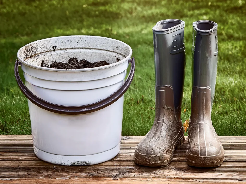 White compost pail with muddy rubber garden boots next to it.