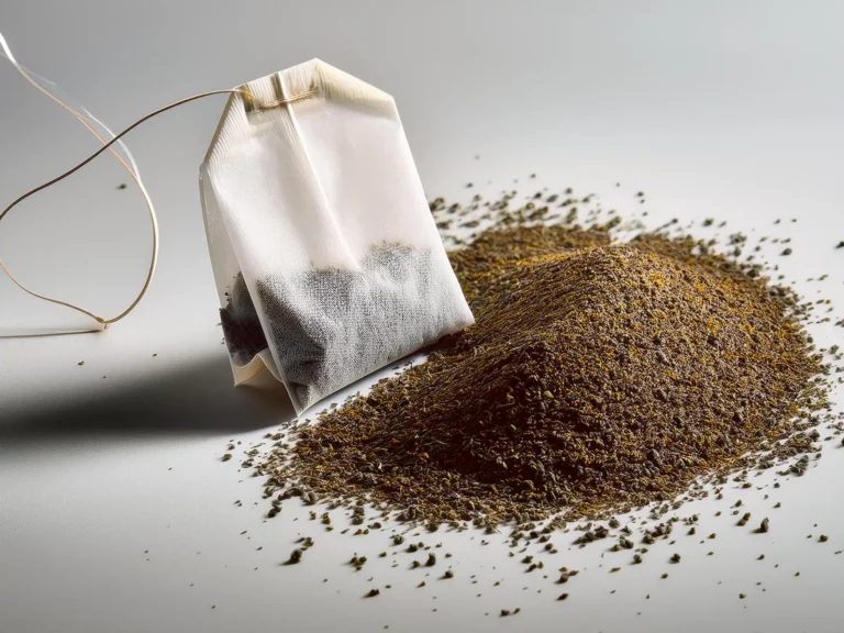 Tea bag with loose tea piled next to it.