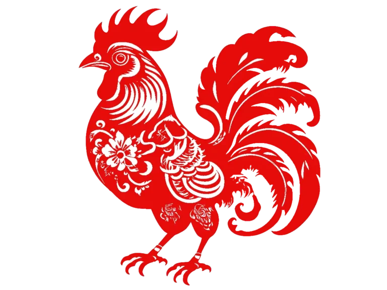 Red Chinese papercut of the Fire Rooster Zodiac symbol.