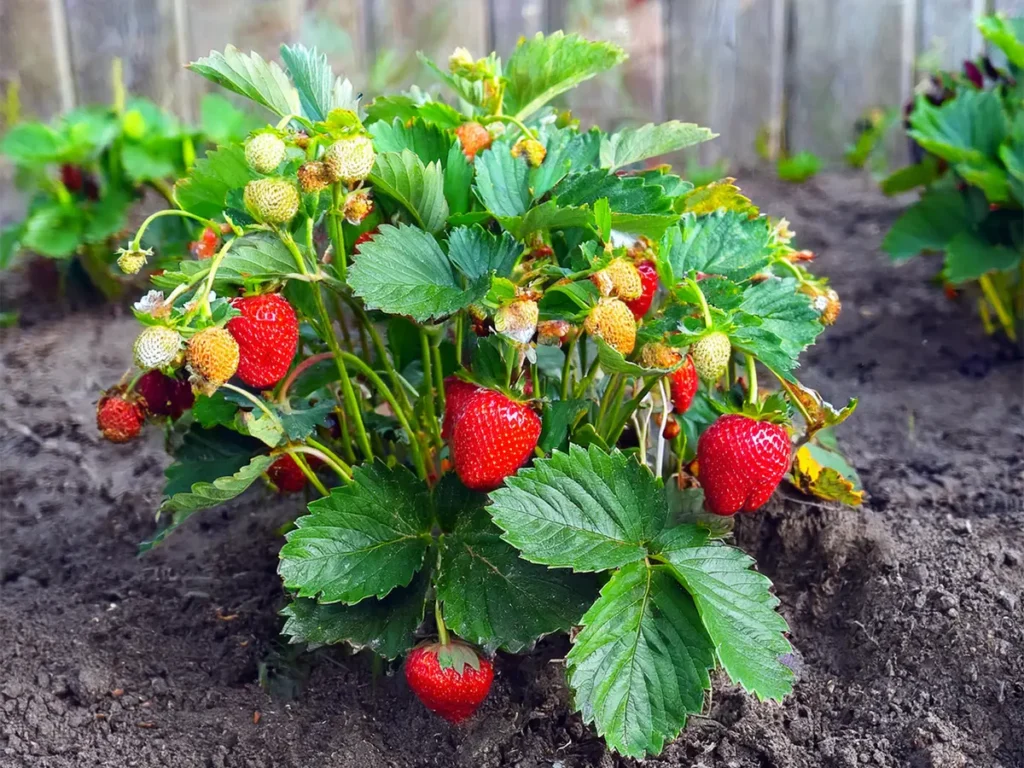 Alpine strawberries growing in a home garden patch.