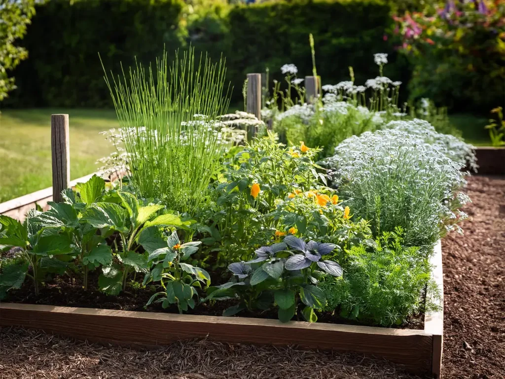 Raised bed with lots of annual herbs.