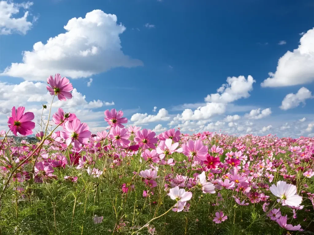 A field of pink cosmos set against a blue sky with puffy white clouds.