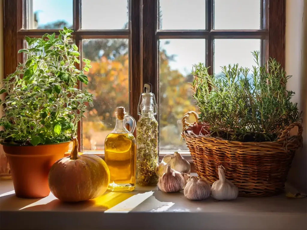 Potted herbs, bottles of oil and vinegar, a squash, and some garlic bulbs on a windowsill.