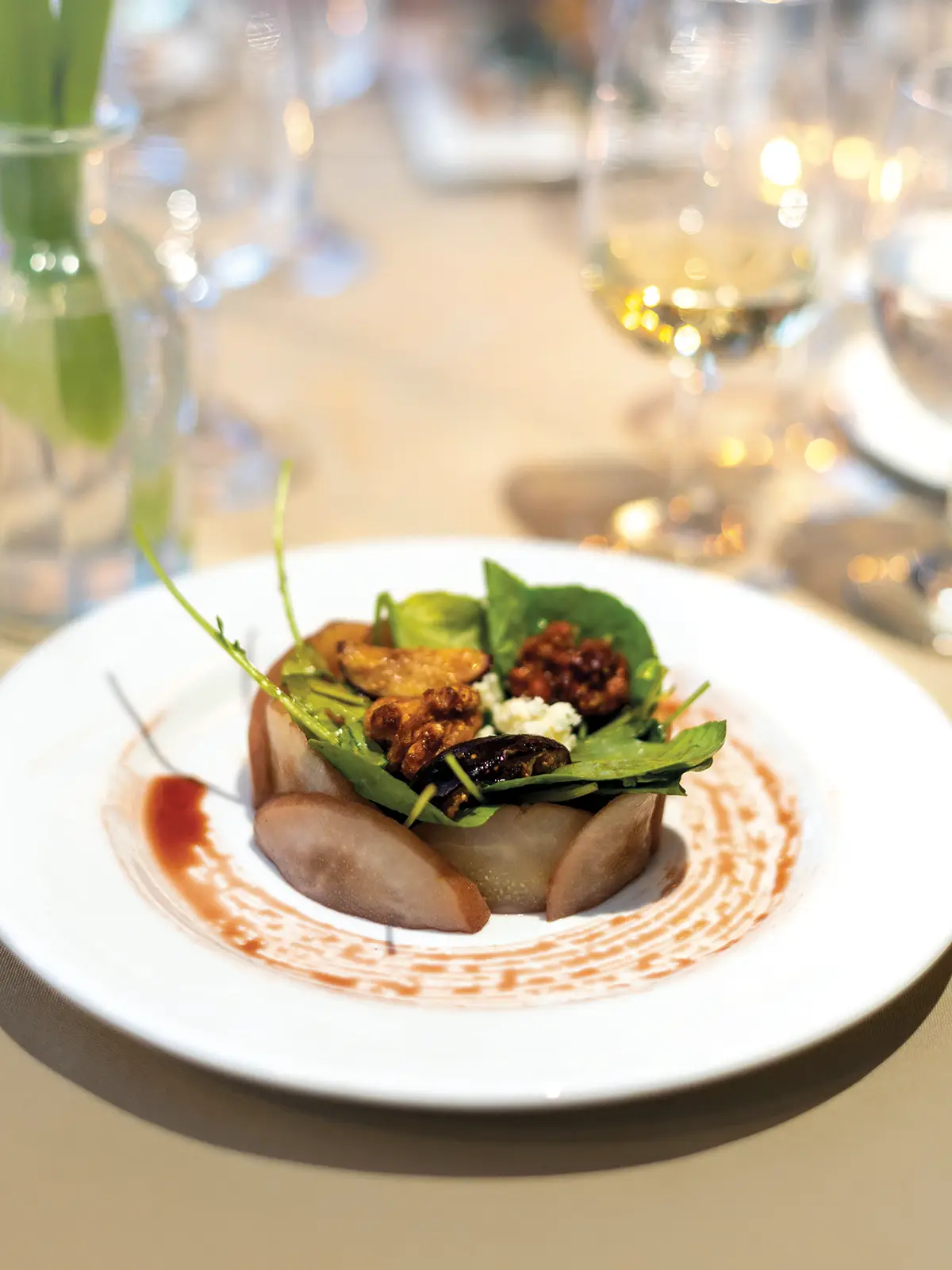 Grilled fig, poached pear, black walnut salad with Point Reyes blue cheese and watercress.