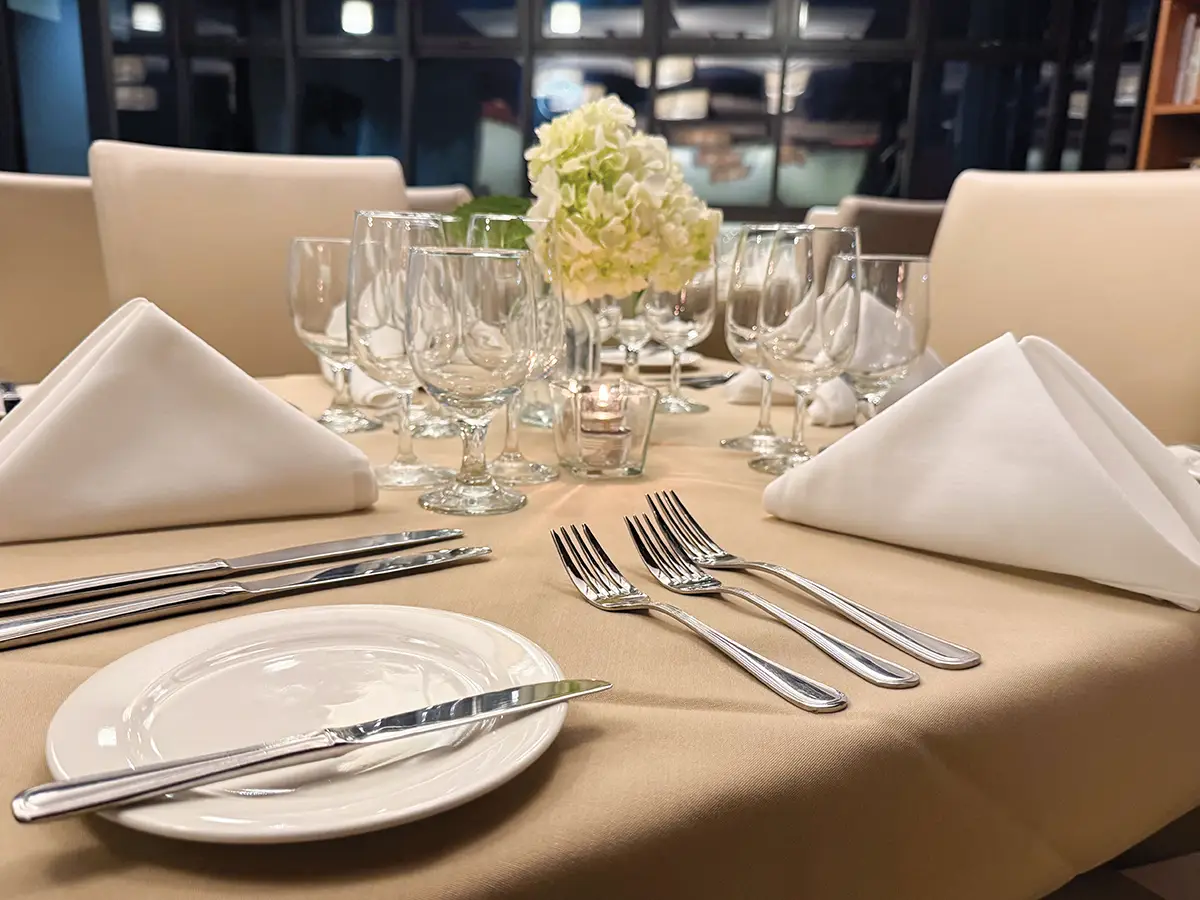 Table setting in the John Dunn Gourmet Dining Room.