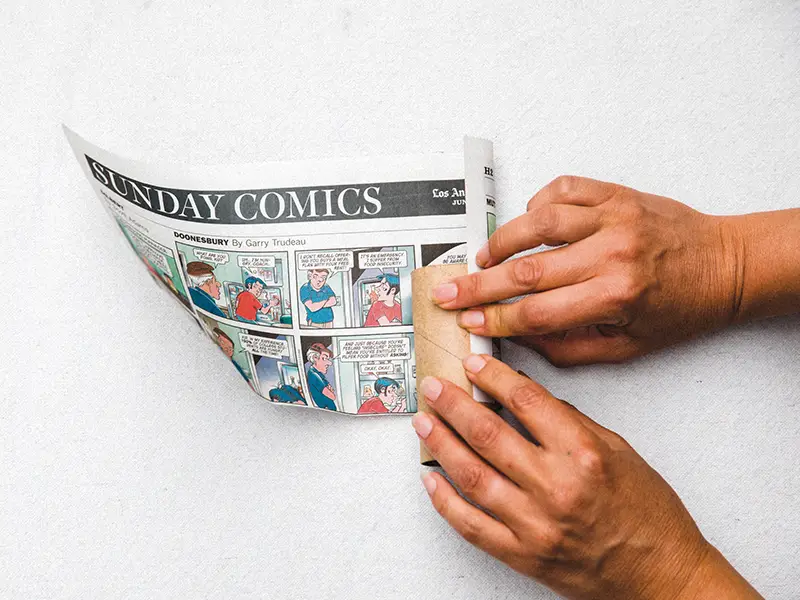 Step 1: Hands rolling newspaper around a toilet paper roll.