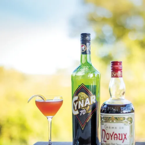 Pseudonymous Seed cocktail in a glass next to a bottle of Cynar and Crème de Noyaux.