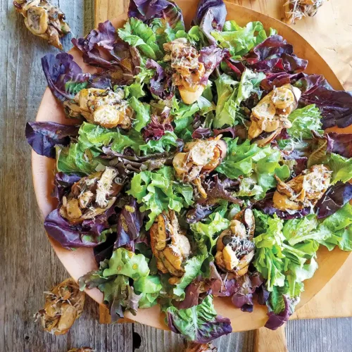 Colorful wild mushroom crostini salad set on a wooden cutting board on a wooden tabletop.