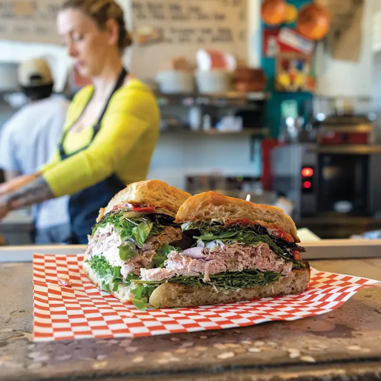 Smoked turkey sandwich on red and white checkered sandwich paper at Eye on I.