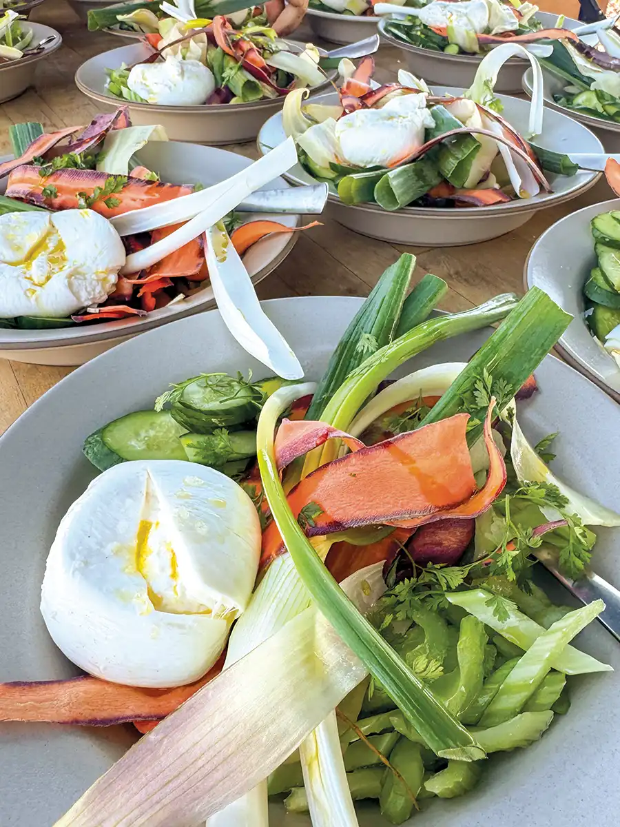Bowls of Farmers market crudités, burrata and Luretik olive oil.