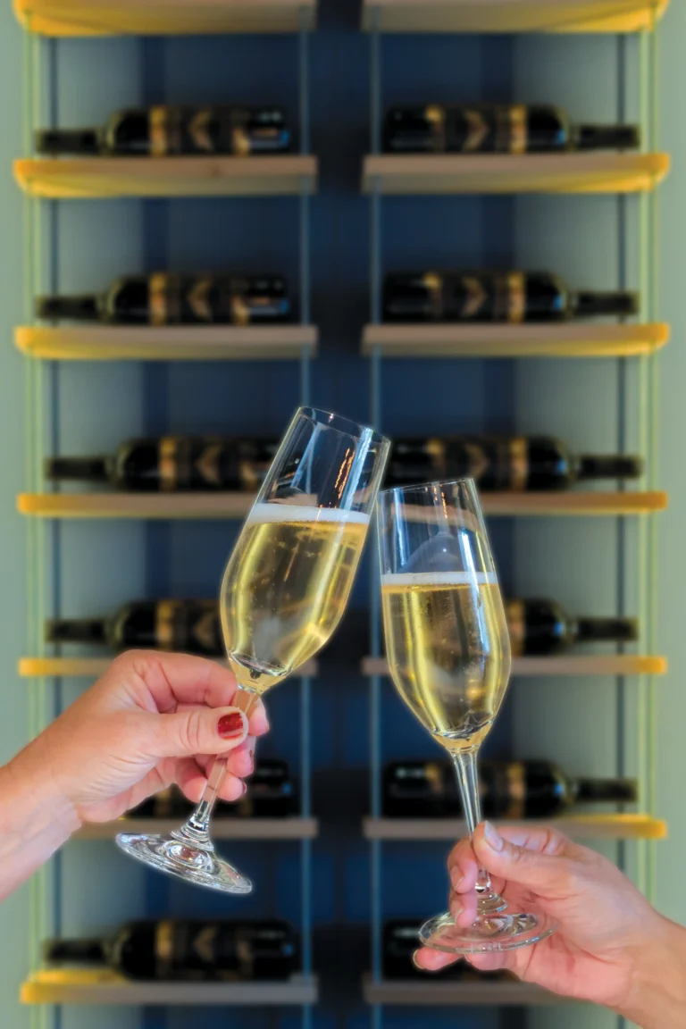 Champagne glasses cheers in front of shelves of bottles.