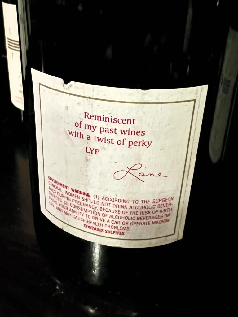 Bottle of Lane's wine with LVP on the label.