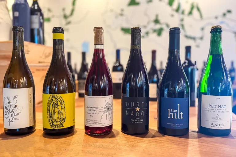 Six holiday wines on display.