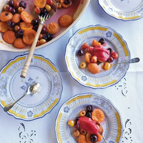 Roasted Apricots and Cherries with Strawberry-Rhubarb Sorbet