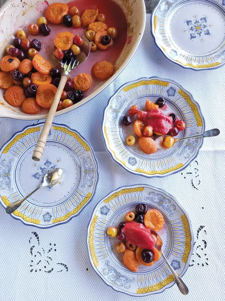 Roasted Apricots and Cherries with Strawberry-Rhubarb Sorbet