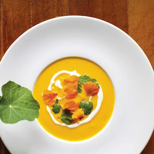 Wide rimmed white bowl with brilliant orange carrot and coriander soup topped with nisturtium flowers and a swirl of crème fraîche.
