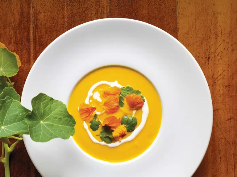 Wide rimmed white bowl with brilliant orange carrot and coriander soup topped with nisturtium flowers and a swirl of crème fraîche.