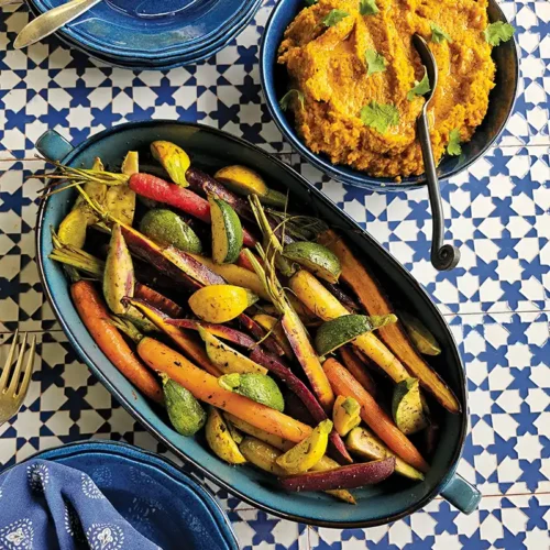 Spiced Roasted Carrot Hummus and Za’atar Roasted Vegetables.