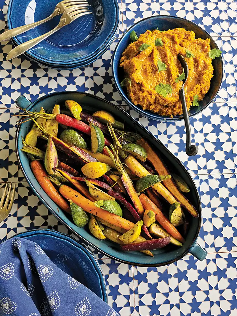 Spiced Roasted Carrot Hummus and Za’atar Roasted Vegetables.