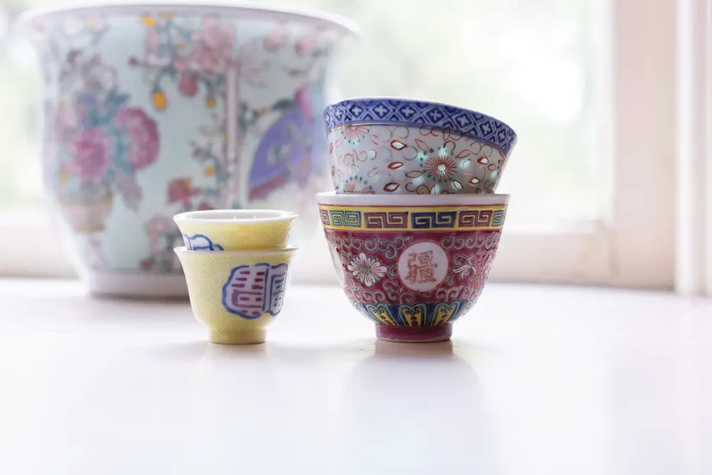 Stacks of Chinese tea cups.