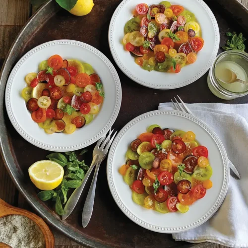 Three plates of colorful sliced Fig and Cherry Tomato Mosaic with Goat Cheese Herb Crema arranged on a rustic metal tray.
