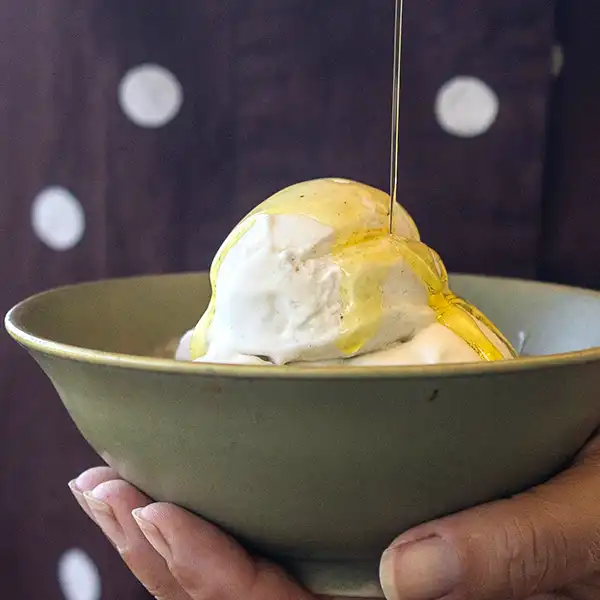 Small bowl of ice cream drizzled with olive oil.
