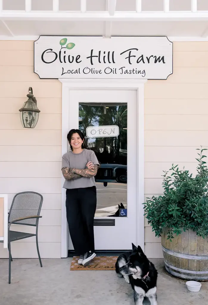 Taylor Yamashiro outside her shop in Los Olivos, a town named after olives.